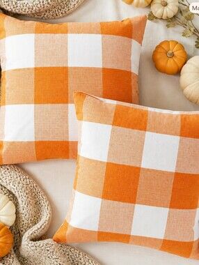 Set of 2 Orange Cream Buffalo Plaid Pillow Covers 18x18 Farmhouse Fall Decor
